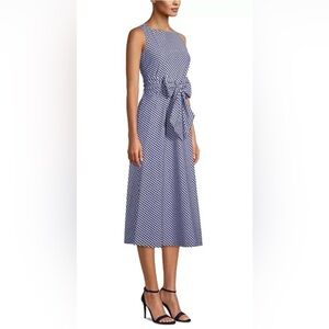 Anne Klein Gingham Blue & White Nautical Belted Midi Dress Cottage Core Large